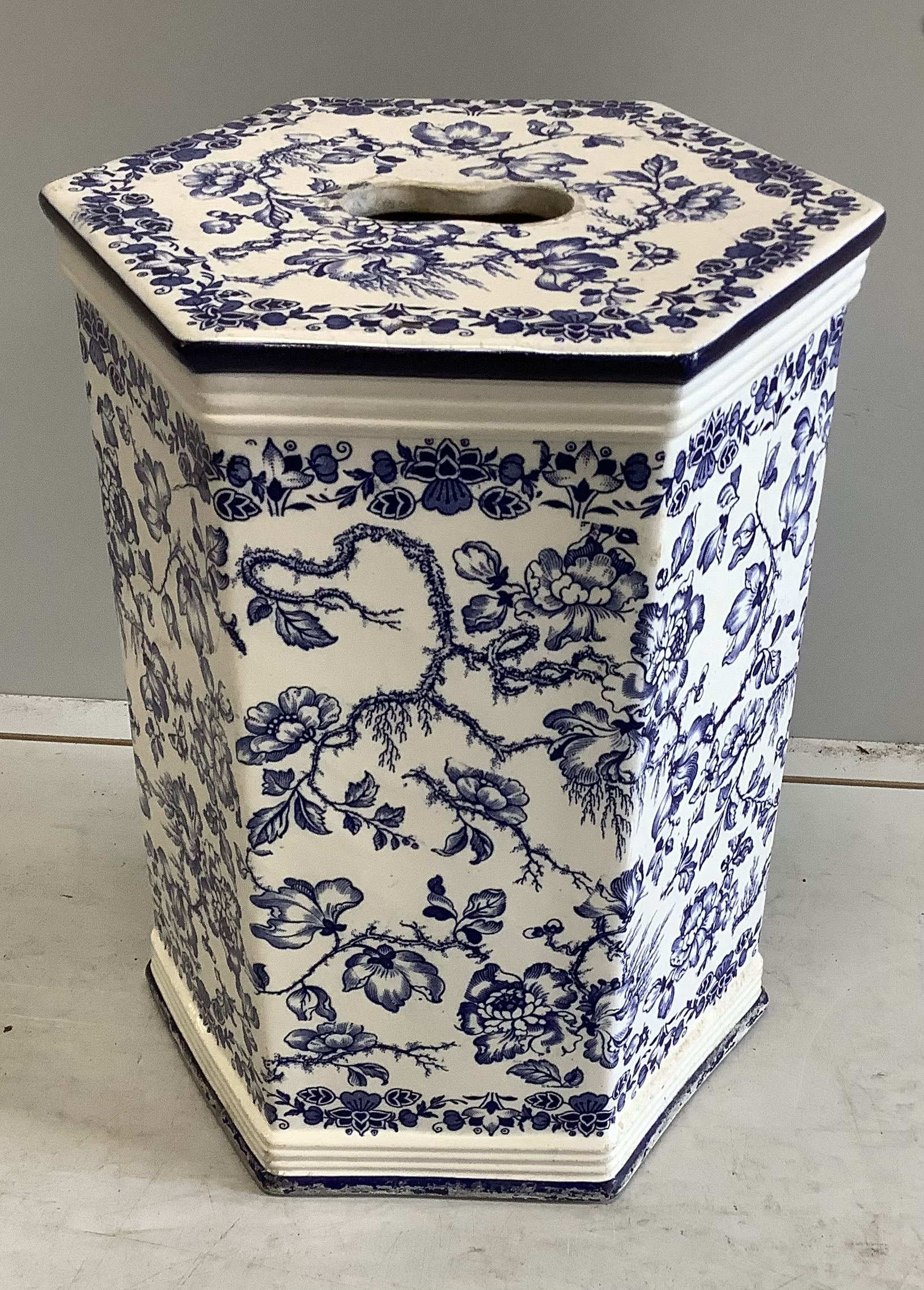 A Victorian Wedgwood hexagonal blue and white 'Swallow' pattern conservatory seat, width 34cm, hight 44cm